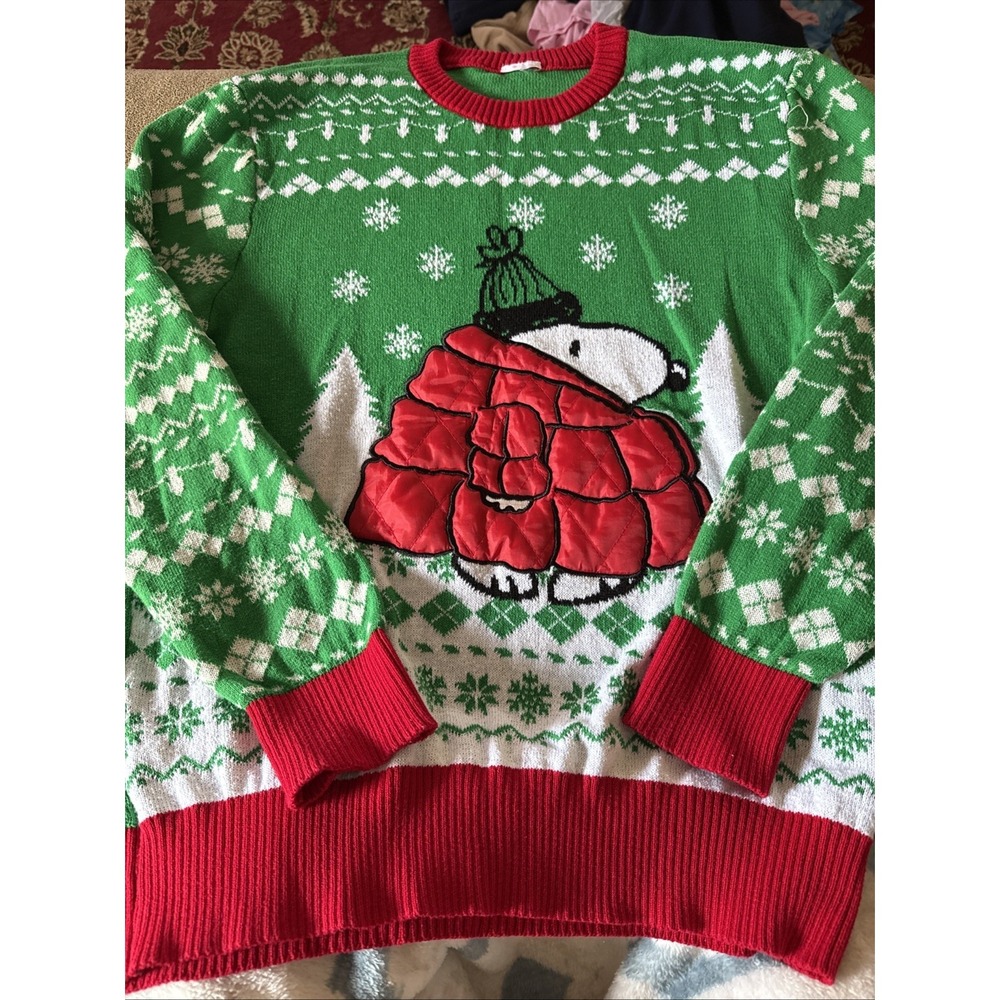 Peanuts Snoopy Sweater Mens XXL Red Puffer Jacket Christmas Green (RG)
